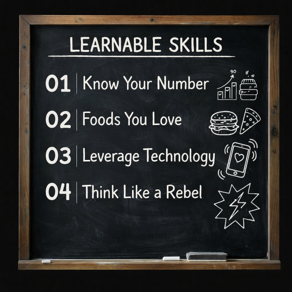 Learnable Skills: 01 Know Your Number, 02 Foods You Love, 03 Leverage Technology, 04 Think Like a Rebel
