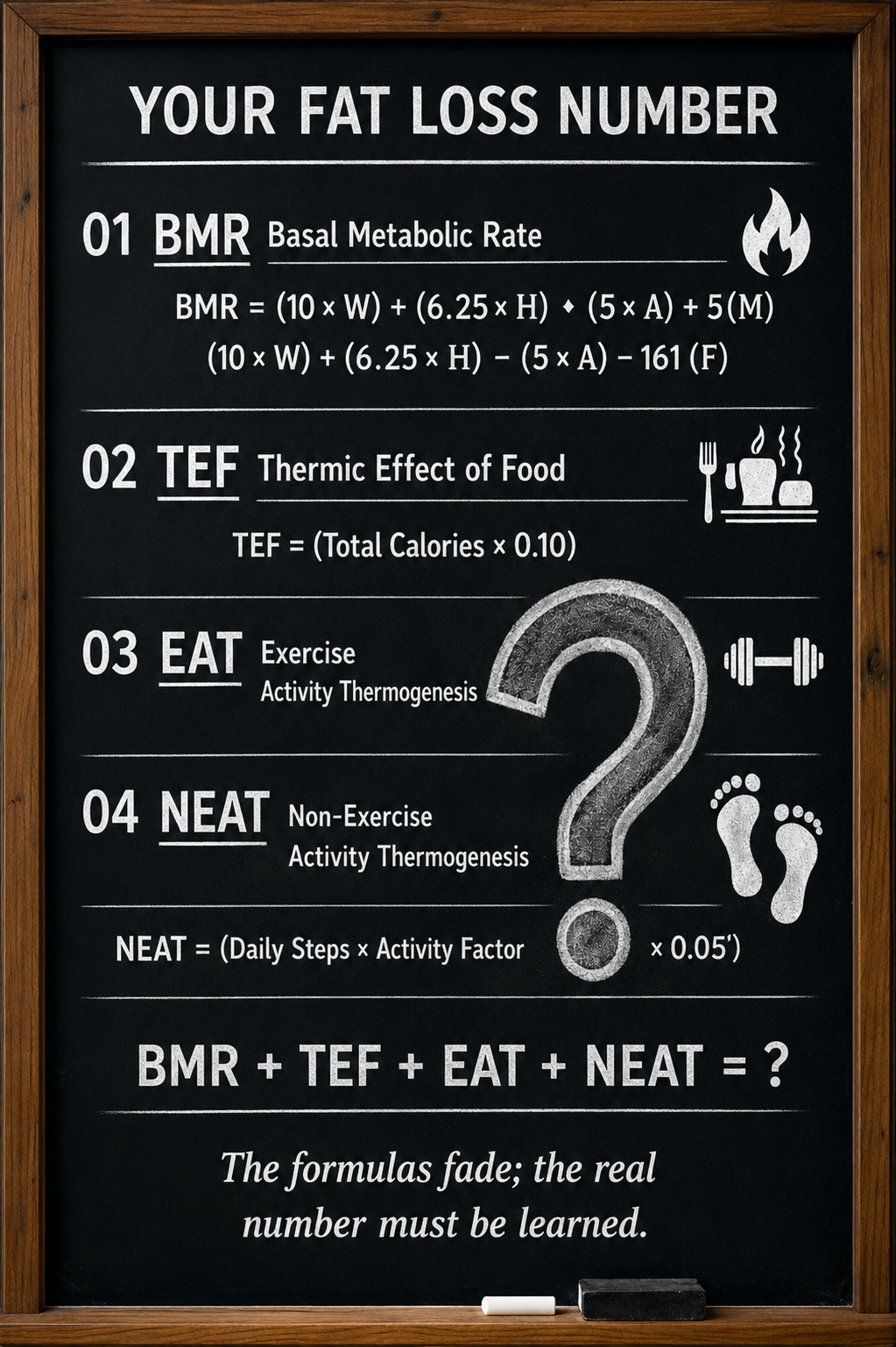 Your Fat Loss Number — BMR, TEF, EAT, NEAT formula chalkboard