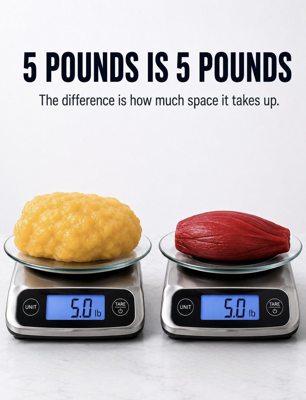 5 pounds of fat vs 5 pounds of muscle — same weight, dramatically different volume — The Diet Rebel