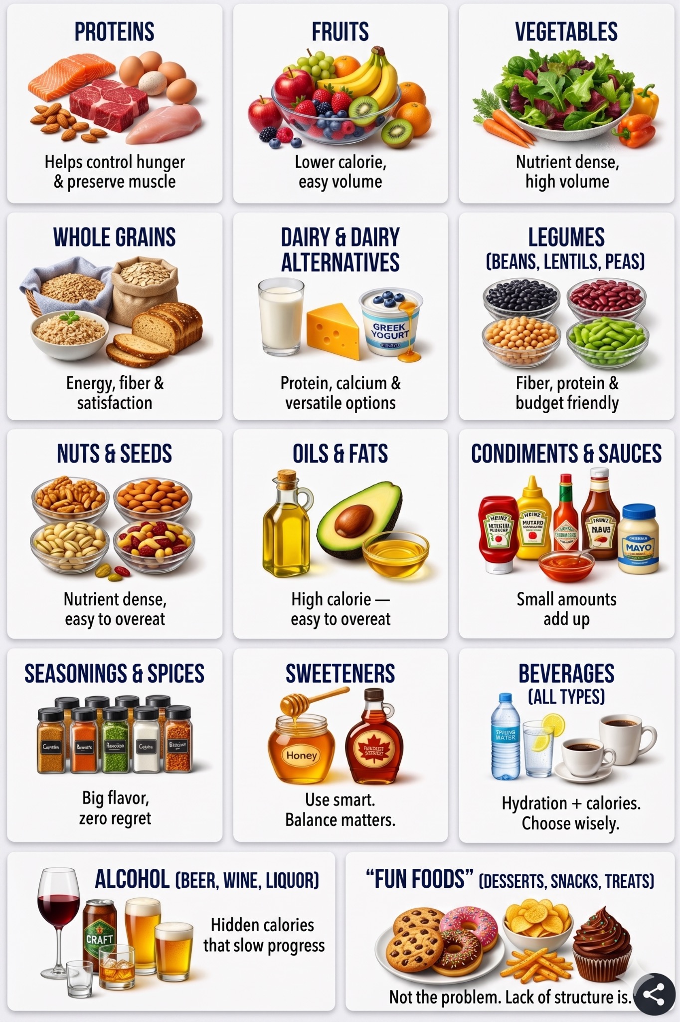 Food categories guide — Proteins, Fruits, Vegetables, Whole Grains, Dairy, Legumes, Nuts, Oils, Condiments, Seasonings, Sweeteners, Beverages, Alcohol, Fun Foods