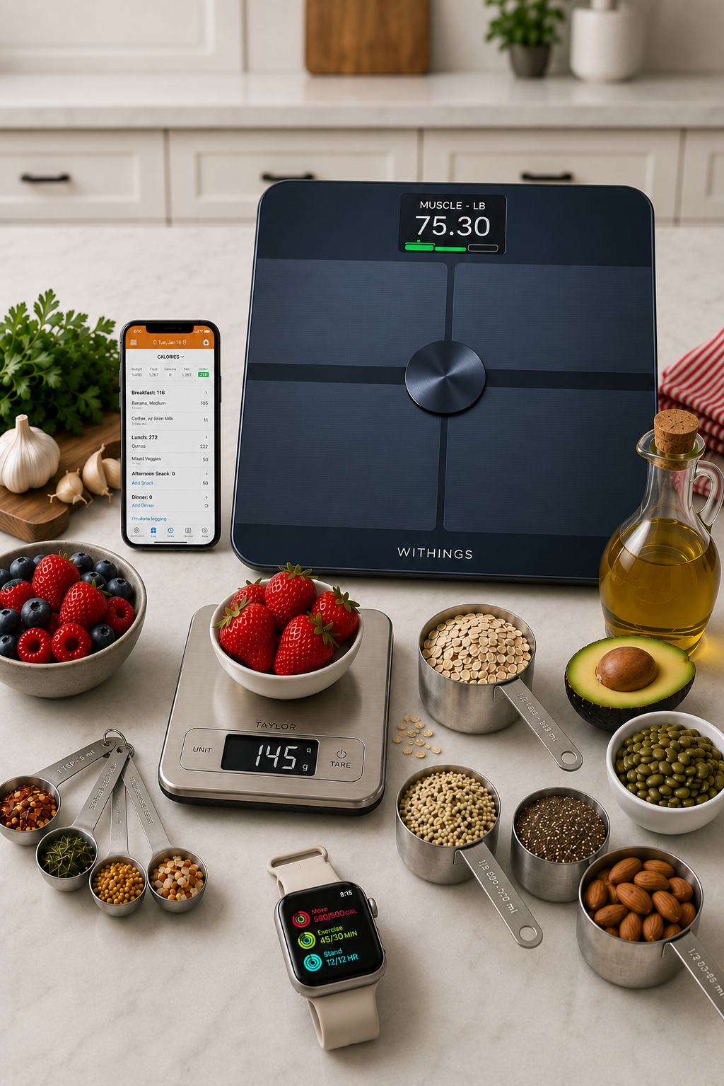 Tracking tools — MyFitnessPal, Withings scale, food scale, measuring cups