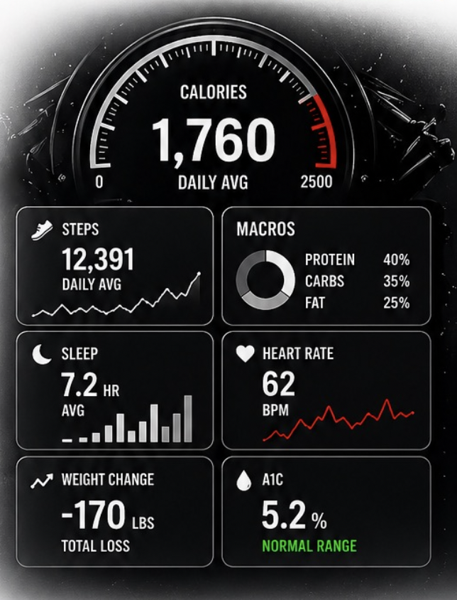 Fat loss tracking dashboard — calories, macros, steps, sleep, weight change